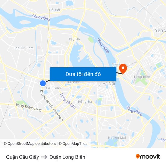 Quận Cầu Giấy to Quận Long Biên map