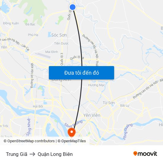 Trung Giã to Quận Long Biên map