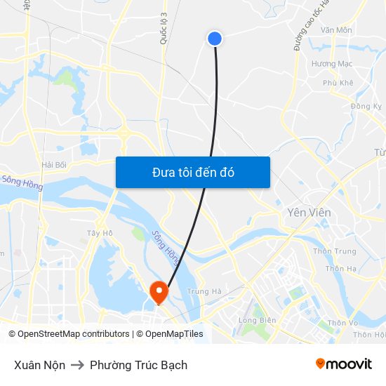 Xuân Nộn to Phường Trúc Bạch map