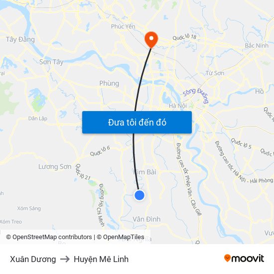 Xuân Dương to Huyện Mê Linh map