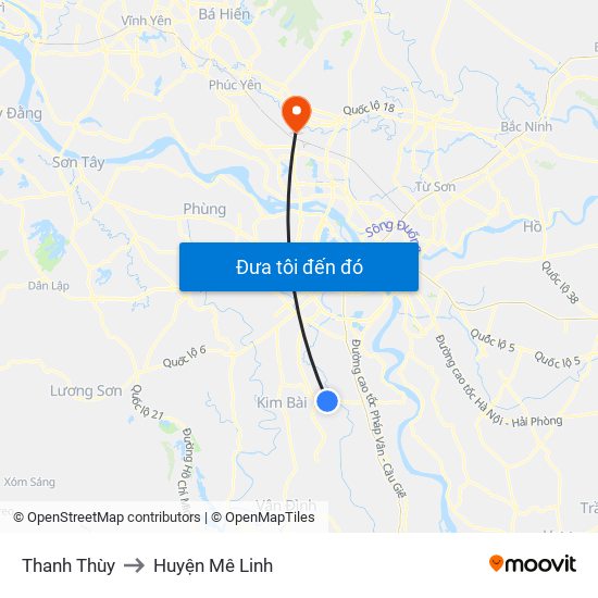 Thanh Thùy to Huyện Mê Linh map