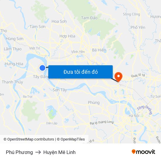 Phú Phương to Huyện Mê Linh map