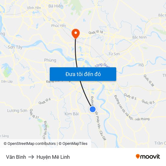 Văn Bình to Huyện Mê Linh map