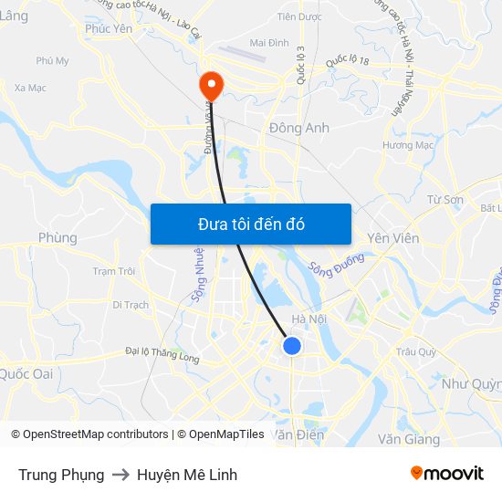 Trung Phụng to Huyện Mê Linh map