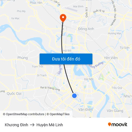 Khương Đình to Huyện Mê Linh map