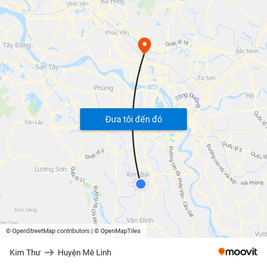 Kim Thư to Huyện Mê Linh map