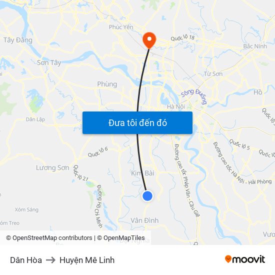 Dân Hòa to Huyện Mê Linh map