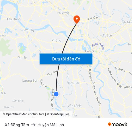 Xã Đồng Tâm to Huyện Mê Linh map