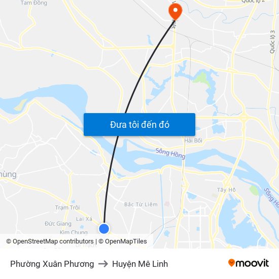 Phường Xuân Phương to Huyện Mê Linh map