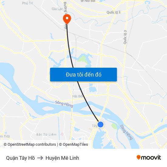 Quận Tây Hồ to Huyện Mê Linh map