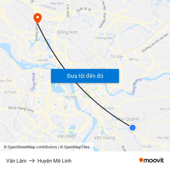 Văn Lâm to Huyện Mê Linh map