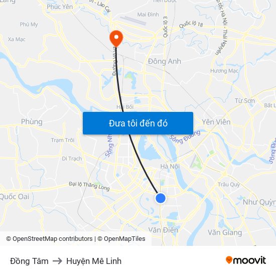 Đồng Tâm to Huyện Mê Linh map