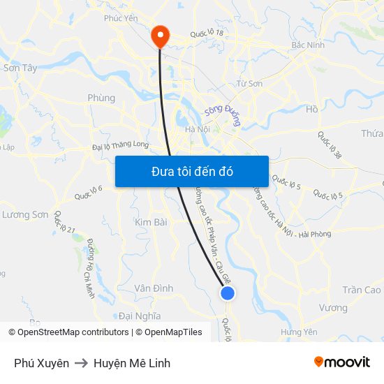 Phú Xuyên to Huyện Mê Linh map