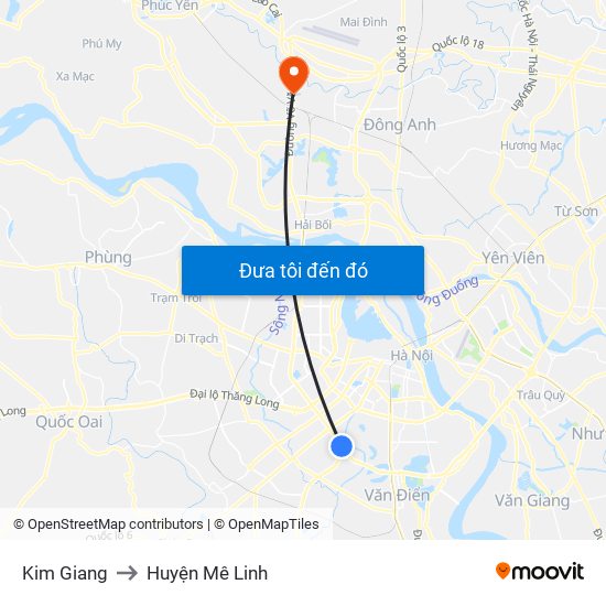 Kim Giang to Huyện Mê Linh map