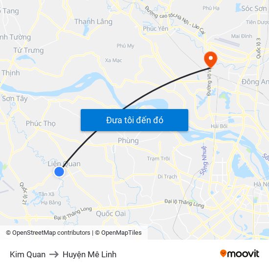 Kim Quan to Huyện Mê Linh map