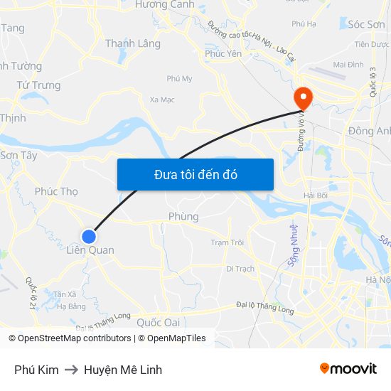 Phú Kim to Huyện Mê Linh map