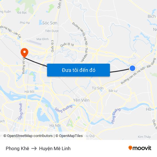 Phong Khê to Huyện Mê Linh map