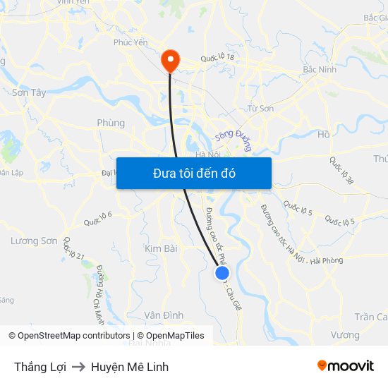 Thắng Lợi to Huyện Mê Linh map