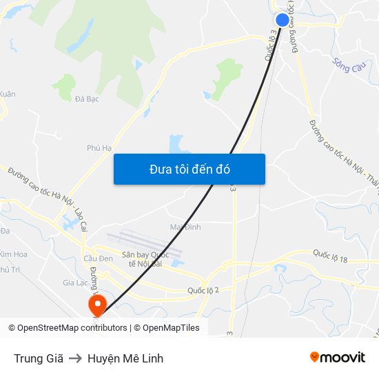 Trung Giã to Huyện Mê Linh map