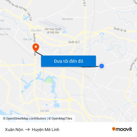 Xuân Nộn to Huyện Mê Linh map