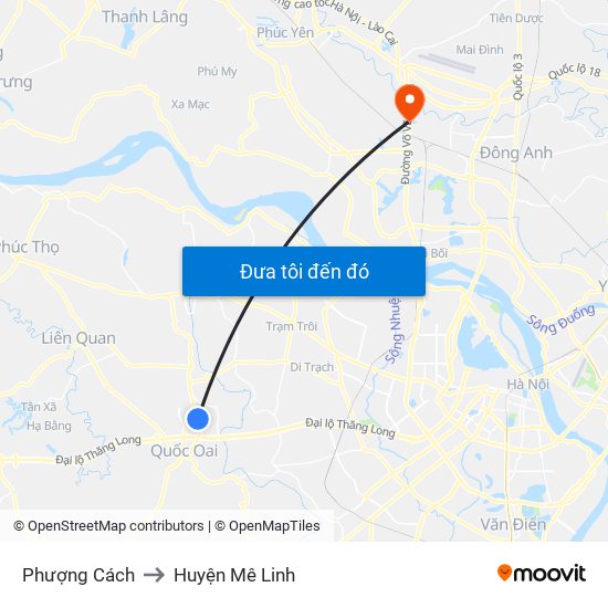 Phượng Cách to Huyện Mê Linh map