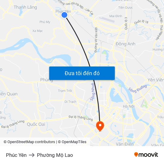 Phúc Yên to Phường Mộ Lao map