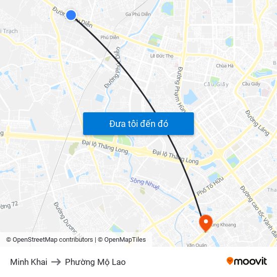 Minh Khai to Phường Mộ Lao map