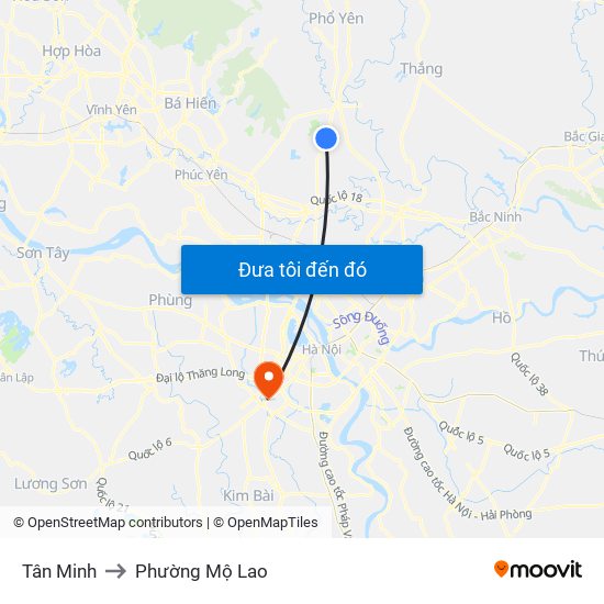 Tân Minh to Phường Mộ Lao map