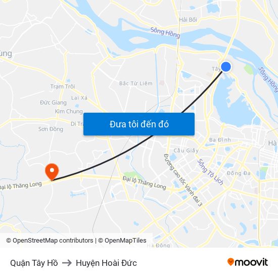 Quận Tây Hồ to Huyện Hoài Đức map