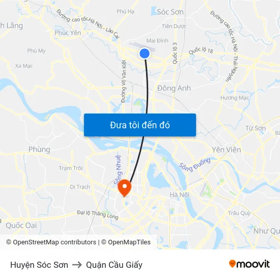 Huyện Sóc Sơn to Quận Cầu Giấy map