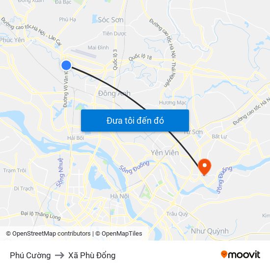 Phú Cường to Xã Phù Đổng map