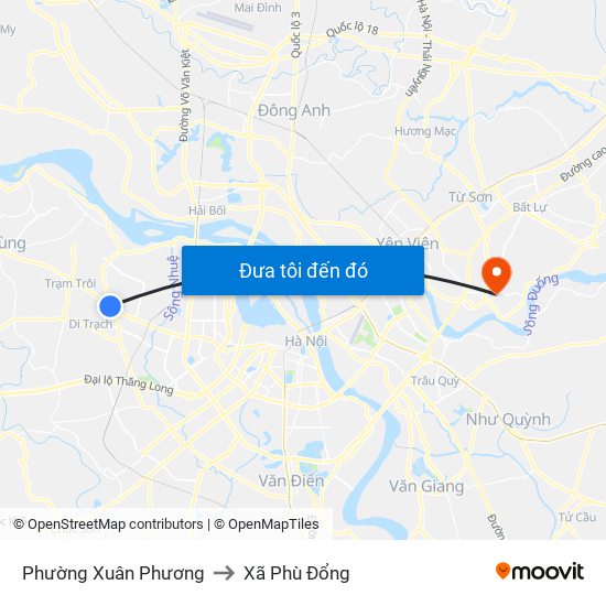 Phường Xuân Phương to Xã Phù Đổng map