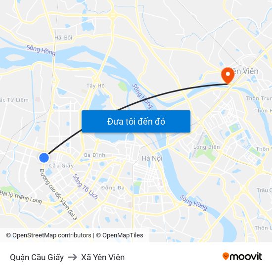 Quận Cầu Giấy to Xã Yên Viên map