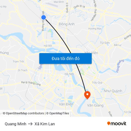 Quang Minh to Xã Kim Lan map