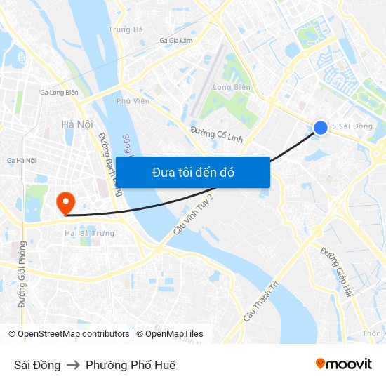 Sài Đồng to Phường Phố Huế map