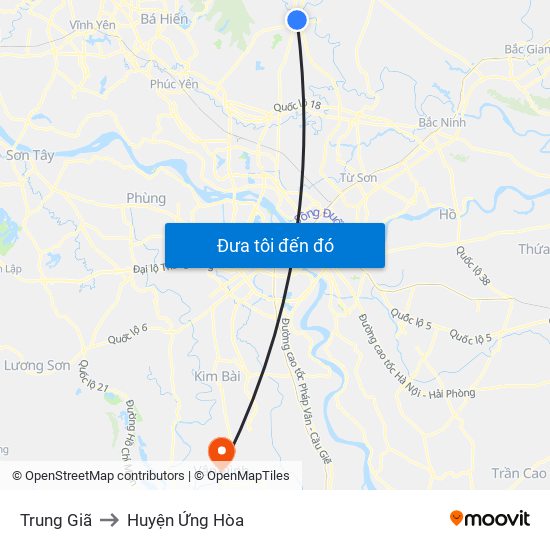 Trung Giã to Huyện Ứng Hòa map