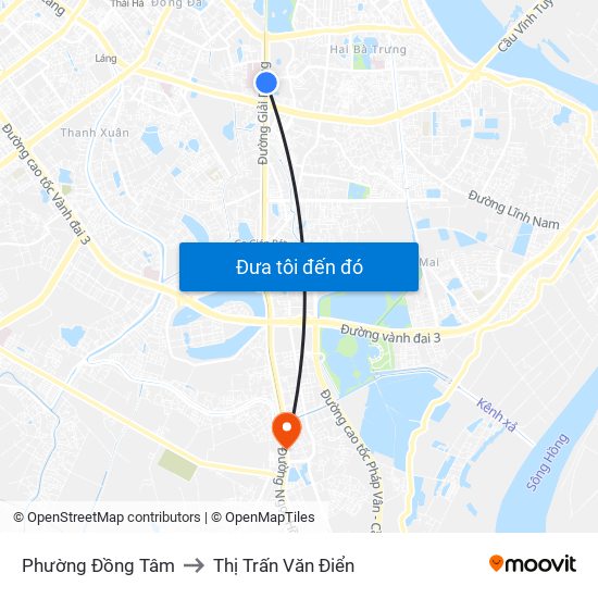 Phường Đồng Tâm to Thị Trấn Văn Điển map