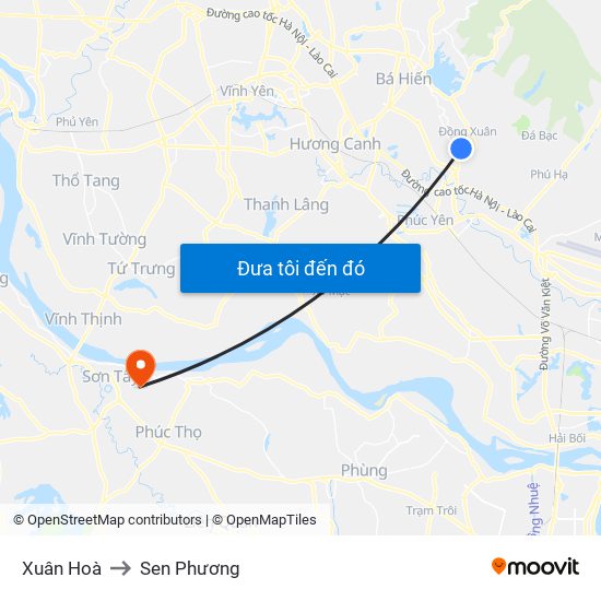 Xuân Hoà to Sen Phương map