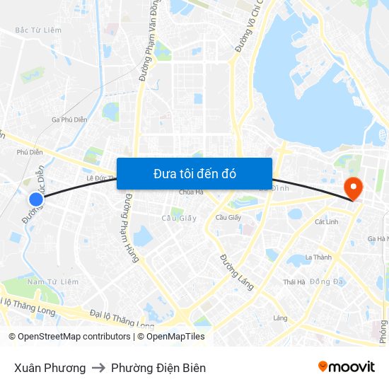 Xuân Phương to Phường Điện Biên map