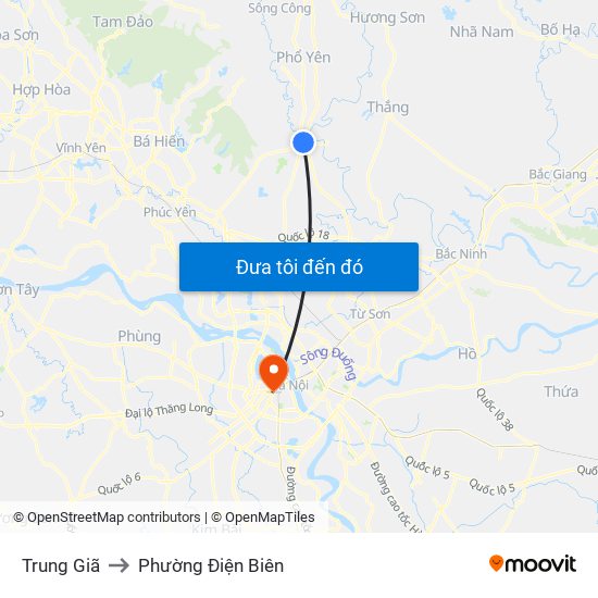 Trung Giã to Phường Điện Biên map