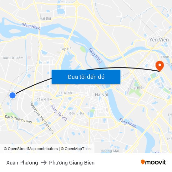 Xuân Phương to Phường Giang Biên map