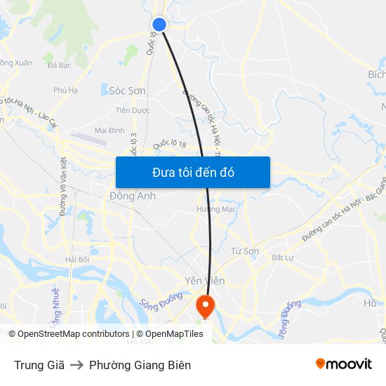 Trung Giã to Phường Giang Biên map