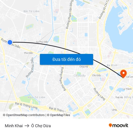 Minh Khai to Ô Chợ Dừa map
