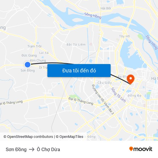 Sơn Đồng to Ô Chợ Dừa map