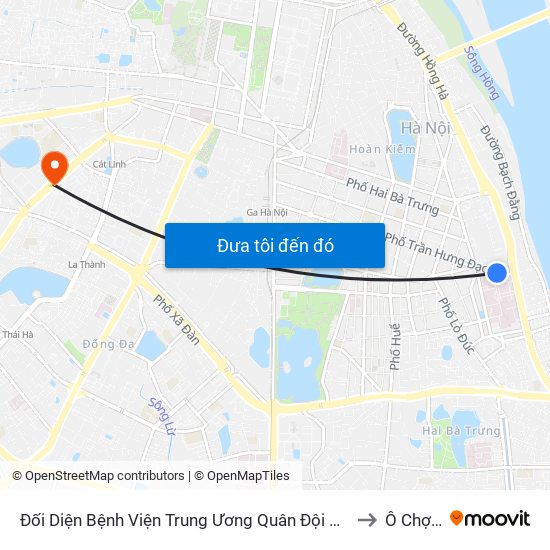 Đối Diện Bệnh Viện Trung Ương Quân Đội 108 - Trần Hưng Đạo to Ô Chợ Dừa map