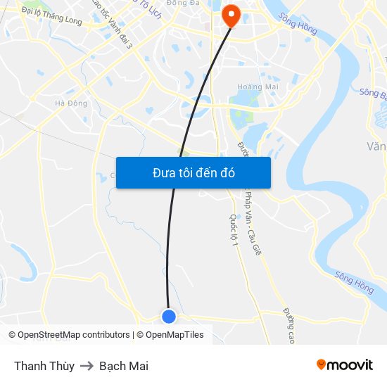 Thanh Thùy to Bạch Mai map