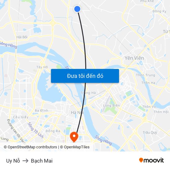 Uy Nỗ to Bạch Mai map