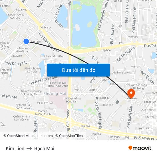 Kim Liên to Bạch Mai map