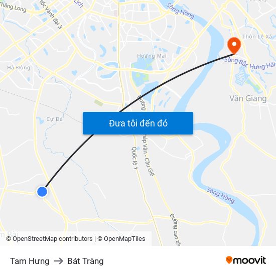 Tam Hưng to Bát Tràng map