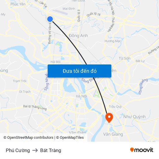 Phú Cường to Bát Tràng map